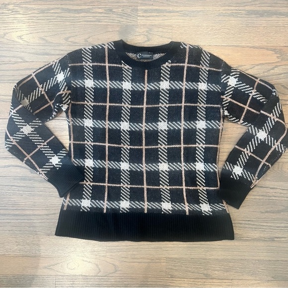 Bloomingdale's Sweaters - 100% Cashmere Sweater C by Bloomingdale’s Black Tan Plaid Jaquard Crewneck XS